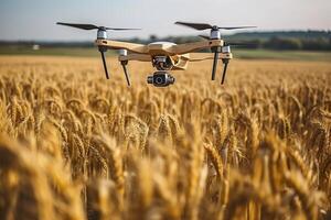 Drone monitoring crops and smart agriculture in a digital farming.  AI Generative photo