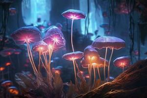 un bioluminiscente extraterrestre cristal bosque con flores, bioluminiscente carnívoro plantas, ai generativo foto
