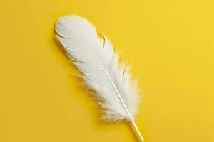 Close up of bright white feather. Copy space, yellow background. Fashion and Party concept. AI Generative photo