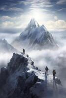 Man on top of mountain, walking through clouds, photo