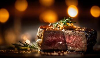 grilled beef fillet steaks with herbs and spices on dark background. photo