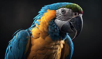 lovely and colorful blue and yellow macow parrot birds. AI Generative photo