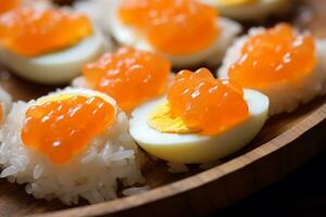 de cerca parte superior ver de ingredientes camarón huevos, japonés alimento. ai generado. foto