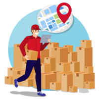 Courier delivery man Find location for sent parcel box with mobile phone fast online delivery service online ordering internet e-commerce ideas for website illustration png