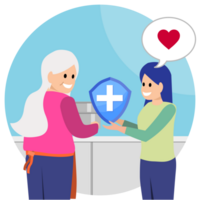 Daughter gives life insurance to mother who is cleaning the kitchen blue background png