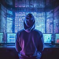 Back of anonymous robot hacker. Concept of hacking cybersecurity, cybercrime, cyberattack, etc. photo