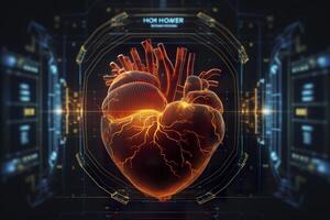 A GUI hologram of a futuristic human heart, holographic sci-fi interface, data lines, scales, and charts, cinematic, photo