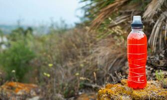 a bottle of red Isotonic energy drink on a stone overgrown with lichen on nature backgound photo