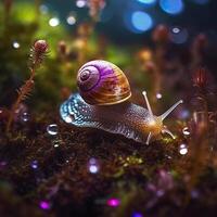 Iridescent Snail in a Fairy Forest, Close Up of a Shimmering Shell. AI Generative photo