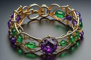 Jewelry Bracelet with precious stones on a gray background. Studio shot. ai generative photo