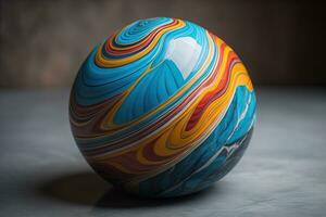 Colorful marble ball on a solid colour background. Close-up. ai generative photo