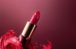 Image of a new red lipstick on gradient background with copy space. . photo