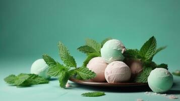 Delicious balls of mint and creamy ice cream surrounded by mint leaves. Generated ai. photo
