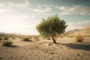 verde árbol solitario creciente en un arenoso Desierto debajo Cludy cielo. generado ai. foto