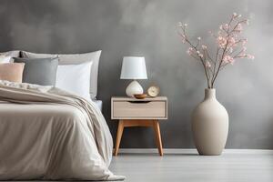 wooden bedside table with lamp and alarm clock, floor vase with rose flowers in modern bedroom interior. photo