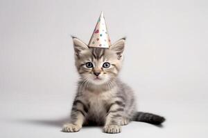 Cute fluffy tabby kitten in a party hat on a light grey background. Generated ai. photo