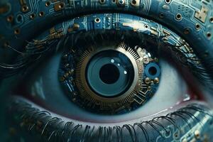 Abstract cyberpunk mechanical eye. Sci fi fantastic image. Generated ai. photo