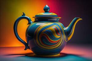 A ceramic teapot on a colid color background. ai generative photo