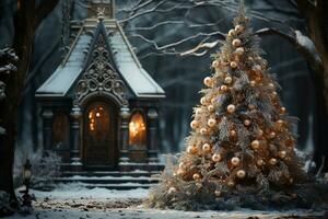 un hermosa decorado Navidad árbol soportes en el patio de un grande cuento de hadas casa en el noche. generado ai foto