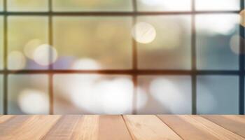 AI Generated, Wooden table top on blur background of window and bokeh image. photo