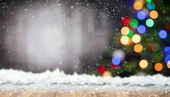 AI Generated, Christmas background with Christmas tree, fireplace and falling snow. Blurred background photo