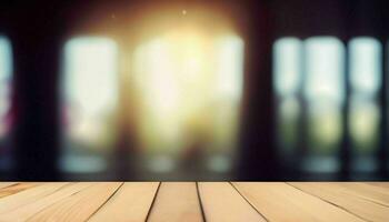 AI Generated, Wooden table top on blur background of window and bokeh image. photo