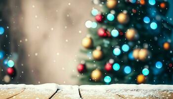 AI Generated, Christmas background with Christmas tree, fireplace and falling snow. Blurred background photo