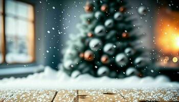 ai generado, Navidad antecedentes con Navidad árbol, hogar y que cae nieve. borroso antecedentes foto