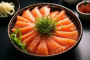 Close-up top view of ingredients Sashimi SET, Salmon, Tuna, Japanese food. AI Generated. photo