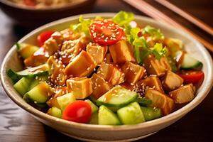 Close-up top view of ingredients Tofu Salad, Japanese food. . photo