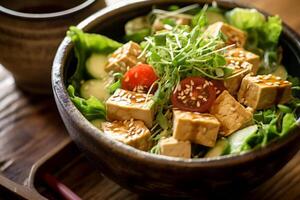Close-up top view of ingredients Tofu Salad, Japanese food. . photo