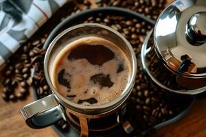 Close-up top view of ingredients French press, Coffee. AI Generated. photo