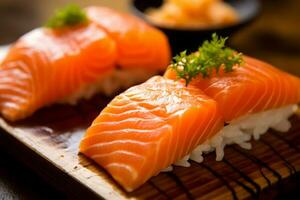 Sushi with salmon on the plate, Japanese food. AI Generated., Japanese food. AI Generated. photo