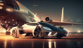 Free photo of Business class private jet and luxury car on airport. AI Generative