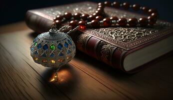 The Holy Al Quran with written Arabic calligraphy meaning of Al Quran and rosary beads or tasbih. AI Generative photo