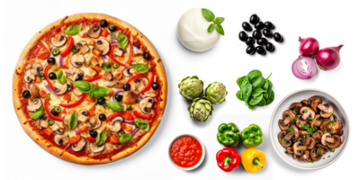 Veggie Pizza with ingredients, olives, artichokes, spinach, bell pepper, tomato sauce, mushrooms, red onion,  on transparent background png