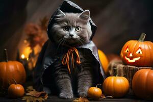 A Russian Blue cat wearing a Halloween costume photo