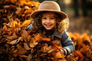 A young girl playing in a pile of leaves photo