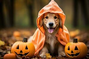A Golden Retriever dog wearing a Halloween costume photo