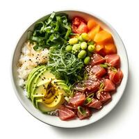 Hawaiian poke bowl with tuna isolated on white background top view photo