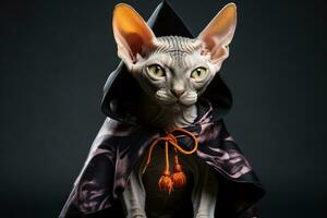 A Sphinx cat wearing a Halloween costume photo