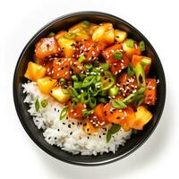 Hawaiian poke bowl with tofu isolated on white background top view photo