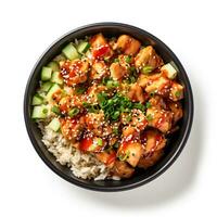 Hawaiian poke bowl with chicken isolated on white background top view photo