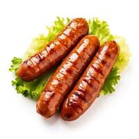Grilled pork sausages with lettuce isolated on white background photo