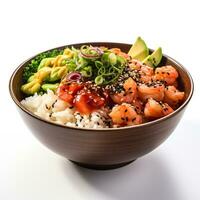 Hawaiian poke bowl with shrimp isolated on white background side view photo