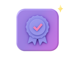 3d render of purple checkmark badge reward icon for UI UX web mobile apps social media ads design png