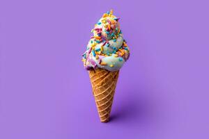 hielo crema cono con rosa, azul, amarillo, púrpura y blanco asperja en Violeta antecedentes ai generado foto
