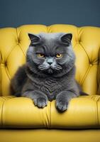 Portrait of a scottish fold cat on a yellow leather sofa ai generated photo