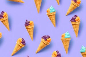 Seamless pattern with ice cream cones on purple background photo
