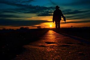 silueta de un hombre con un bicicleta en el la carretera a puesta de sol ai generado foto